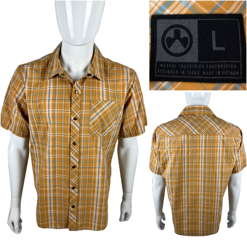 Magpul Industries Mens Large Short Sleeve Snap Button Up Shirt Plaids Yellow EUC